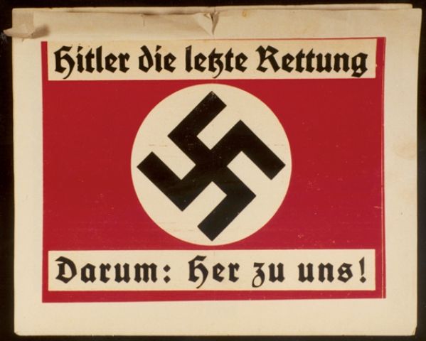Austrian election poster depicting a Nazi flag with a black swastika on a red background